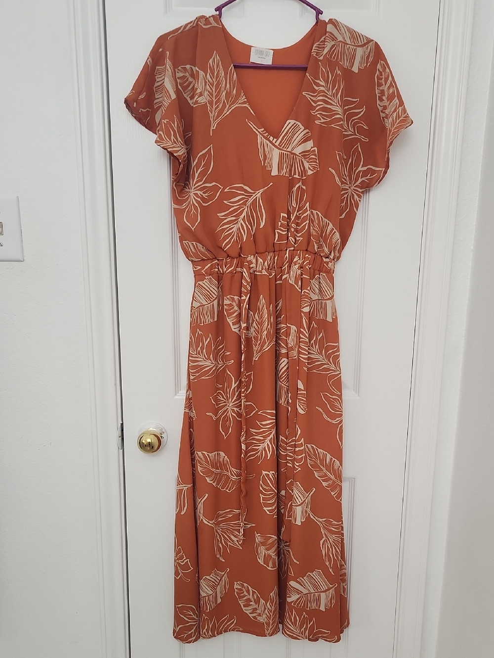 Sienna Sky Rust Maxi Dress with Cream Leaf Print